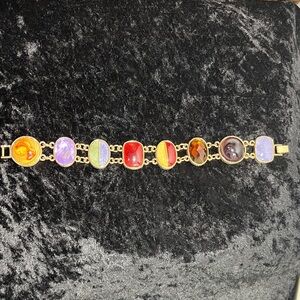 Vintage Liz Claiborne Fashion Gemstone Link Bracelet 8" Gold Tone Multi-Color